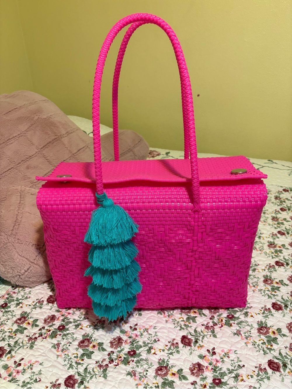 Hot Pink Woven Tote Bag with Teal Tassel